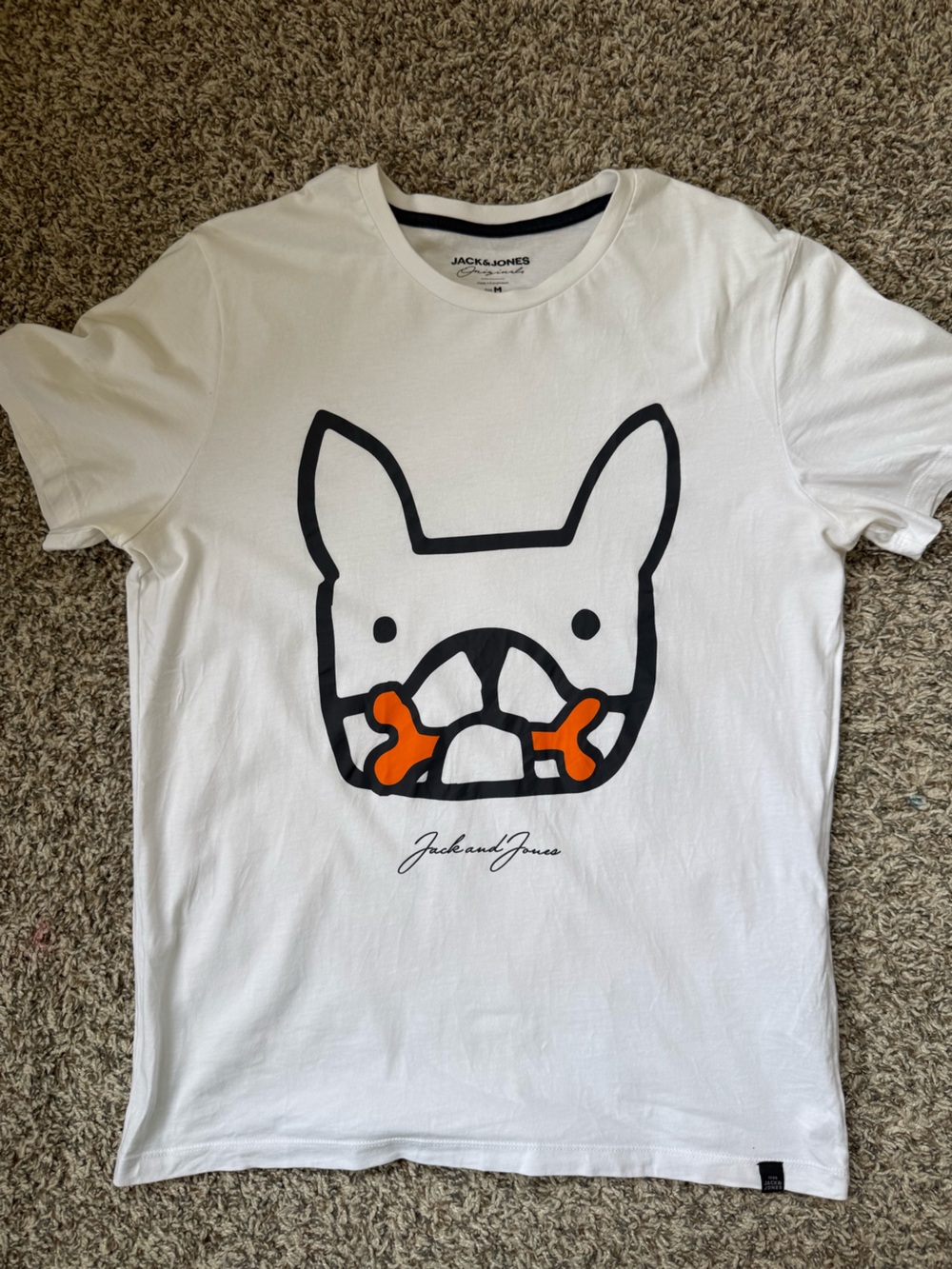 JACK & JONES Mens T-Shirt Medium White Graphic Originals French Bulldog Graphics